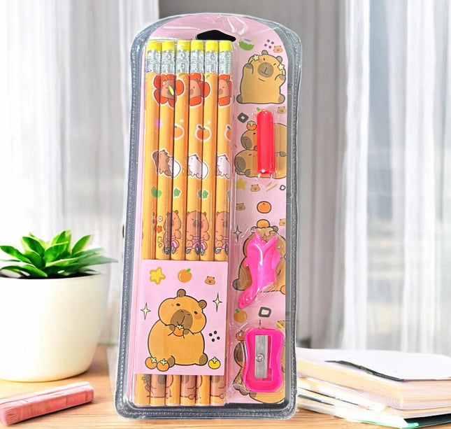 6 Sets Escolares Capibaras Lapices, Sacapuntas, Gomas $30 c/u
