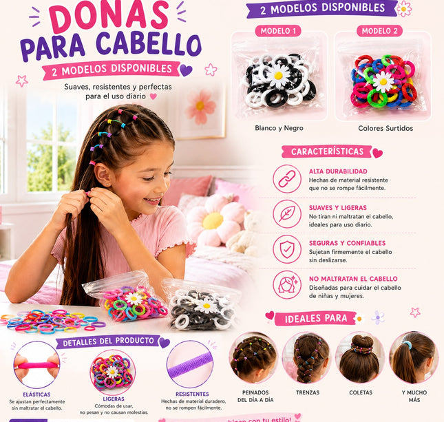 12 Bolsas de Donitas para Cabello Colores $12.5 c/u