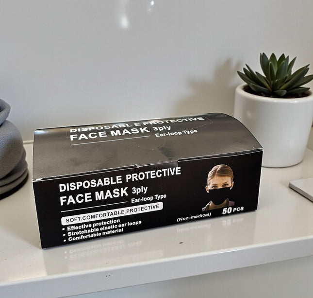 Caja con 50 piezas de Cubrebocas Negro Para Adulto
