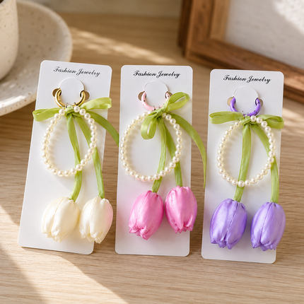 12 Llaveros con Tulipán Satin y Perlas $12.5 c/u