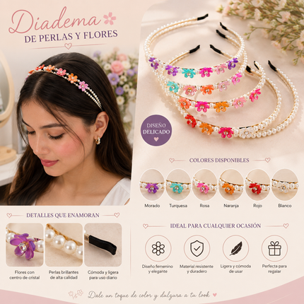 12 Diademas Perlas y Flores Hermosas Doradas $10.6 c/u