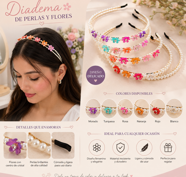 12 Diademas Perlas y Flores Hermosas Doradas $10.6 c/u