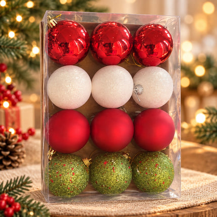 Set de 12 Esferas Navideñas Premium en Rojo, Blanco y Verde.