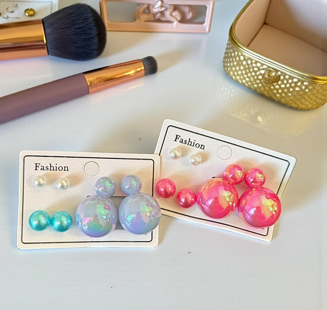 12 Sets 3 Pares de Aretes Tornasol Perla Colores $11 c/u