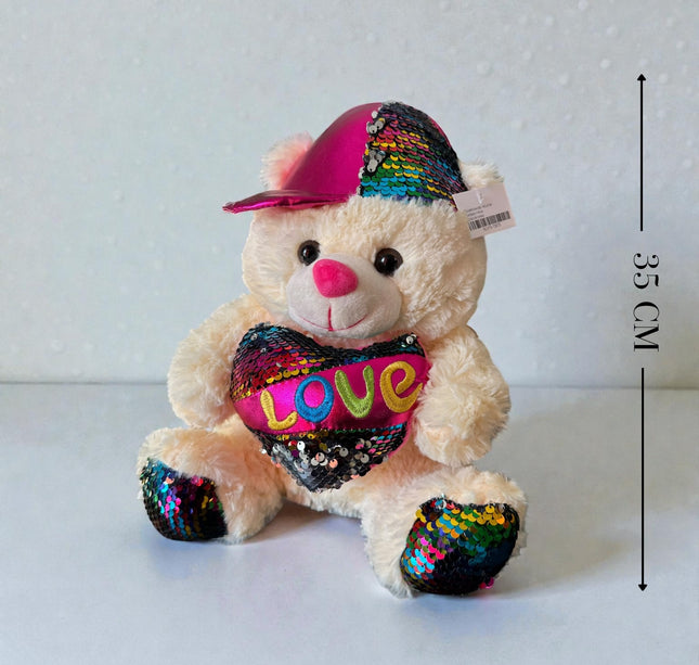 Oso de Peluche "Love" Con gorra Lentejuela Mediano