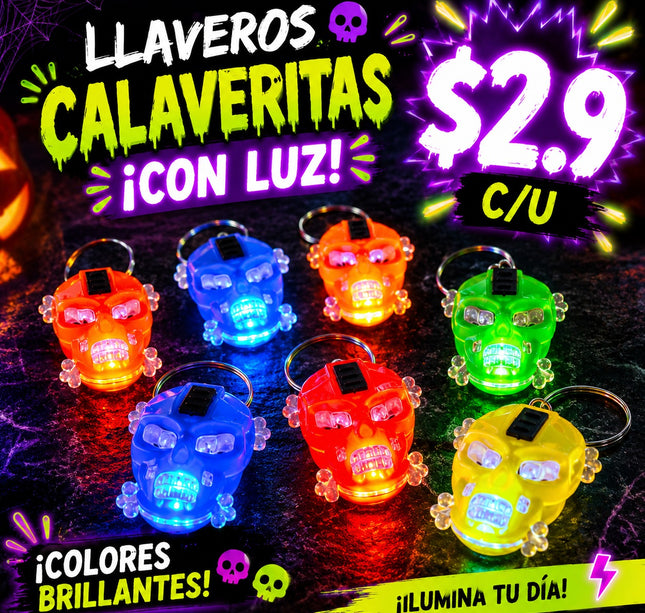 48 Llaveros Calaveritas con Luz, colores Brillantes  $2.9 c/u