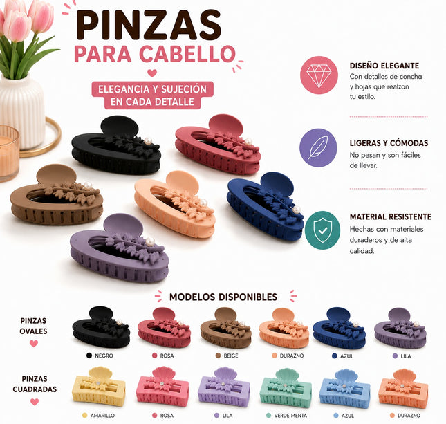 12 Pinzas Matte con Perla/Pedrería Flores $11.9 c/u