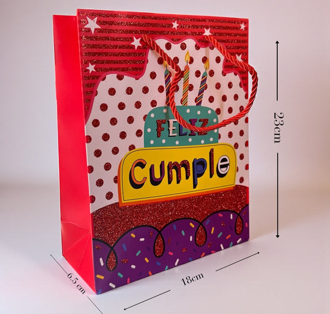 12 Bolsas para Regalo Diamantadas "Feliz Cumpleaños" $11.3 c/u