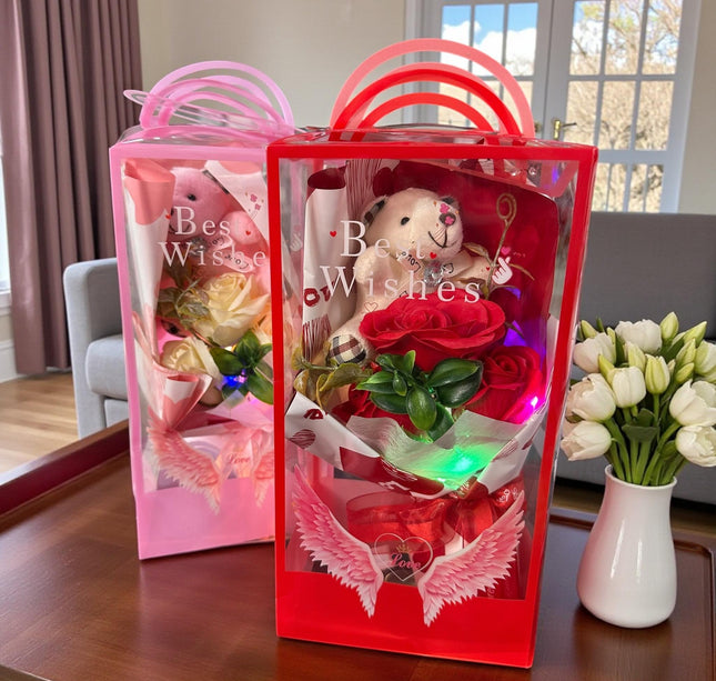 Ramos de 3 Rosas de Jabón con Osito, en Caja de Regalo