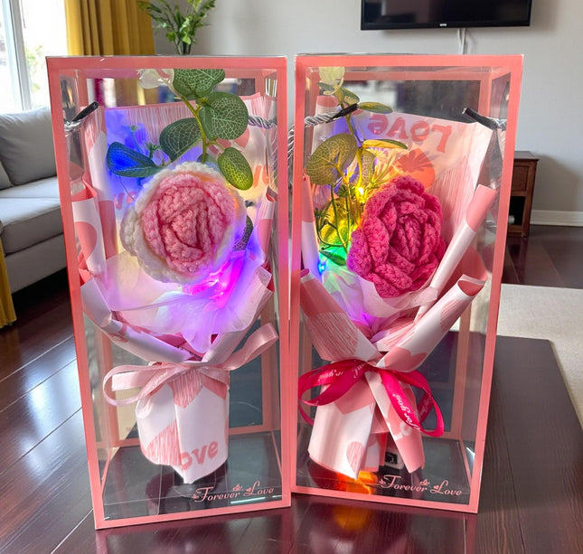 Ramo de Rosa Crochet Ccon Luz de Hadas en Caja de Regalo