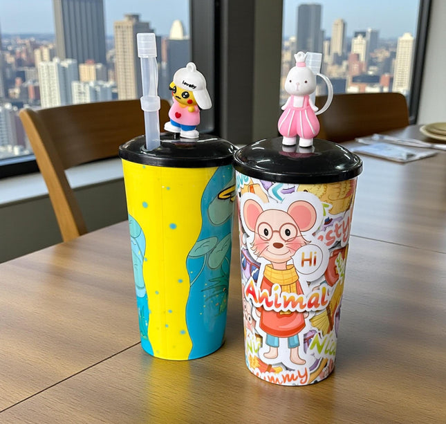 3 Vaso Decorado con Figura y Popote $29 c/u