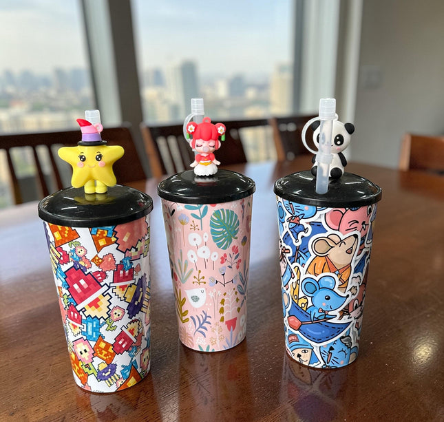 3 Vaso Decorado con Figura y Popote $29 c/u