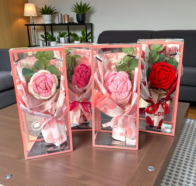 Ramo de Rosa Crochet Ccon Luz de Hadas en Caja de Regalo