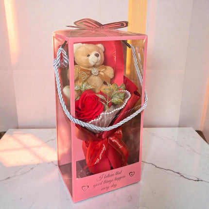 Ramo de Rosa con Osito en Caja de Regalo