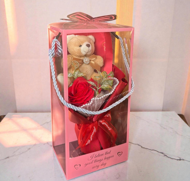Ramo de Rosa con Osito en Caja de Regalo