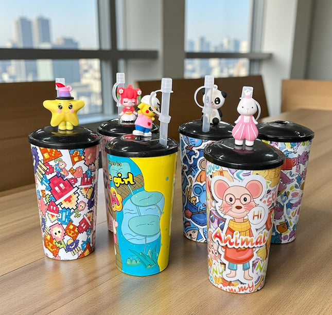 3 Vaso Decorado con Figura y Popote $29 c/u