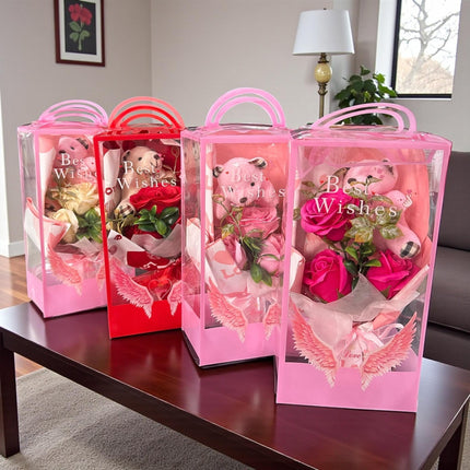 Ramos de 3 Rosas de Jabón con Osito, en Caja de Regalo