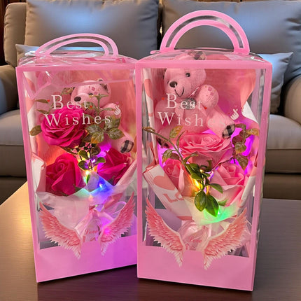 Ramos de 3 Rosas de Jabón con Osito, en Caja de Regalo